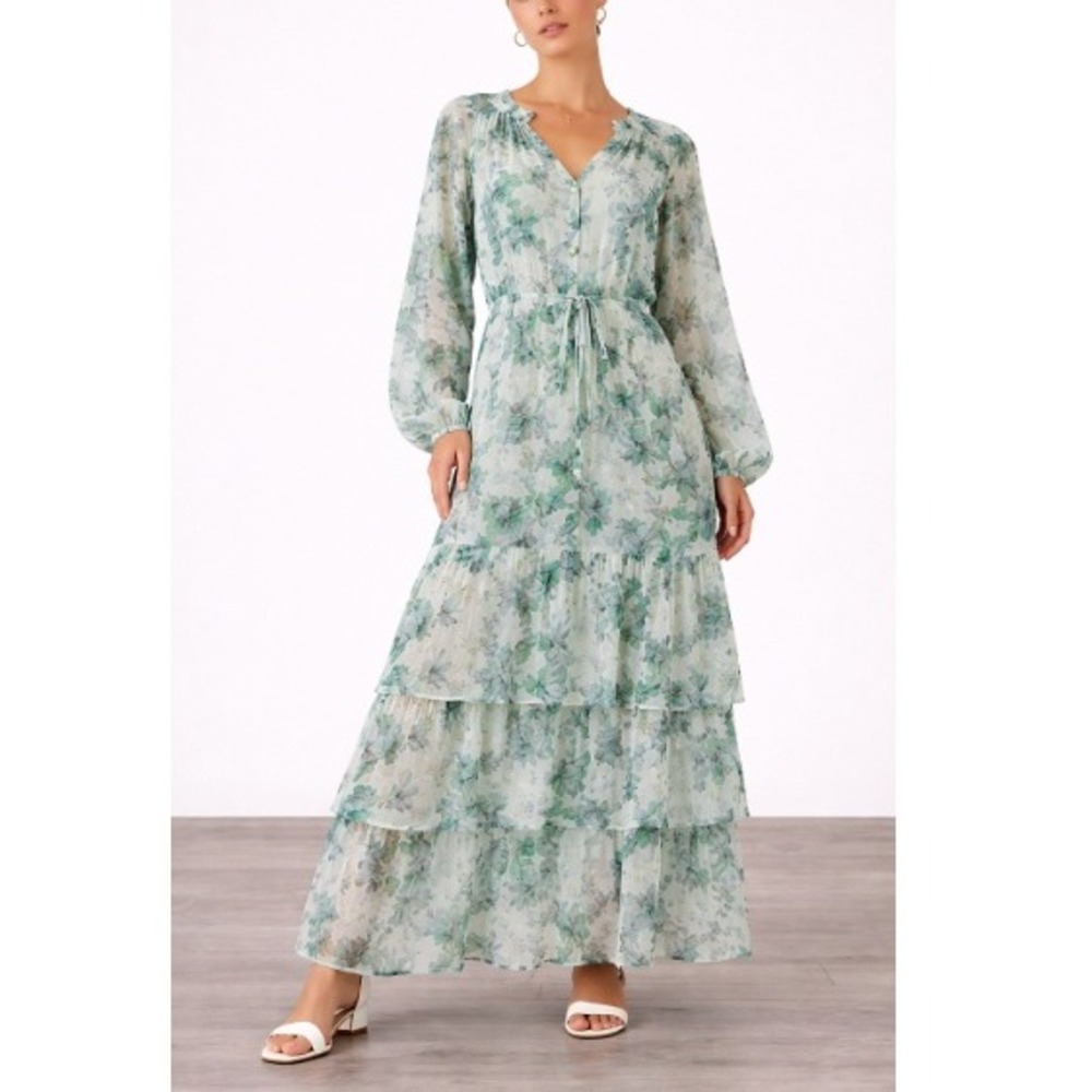 Loft Women's Peace Blue Gardenia Ruffle Maxi Dress Petite Size MP NWT
